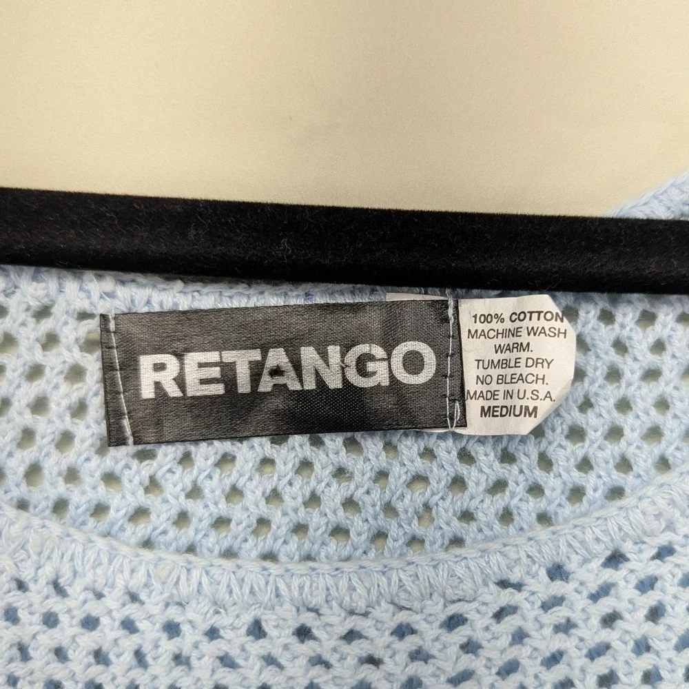 Retango Knit Sweater Blue Medium Drawstring Tie Bell Sleeve Cropped‎ Cotton